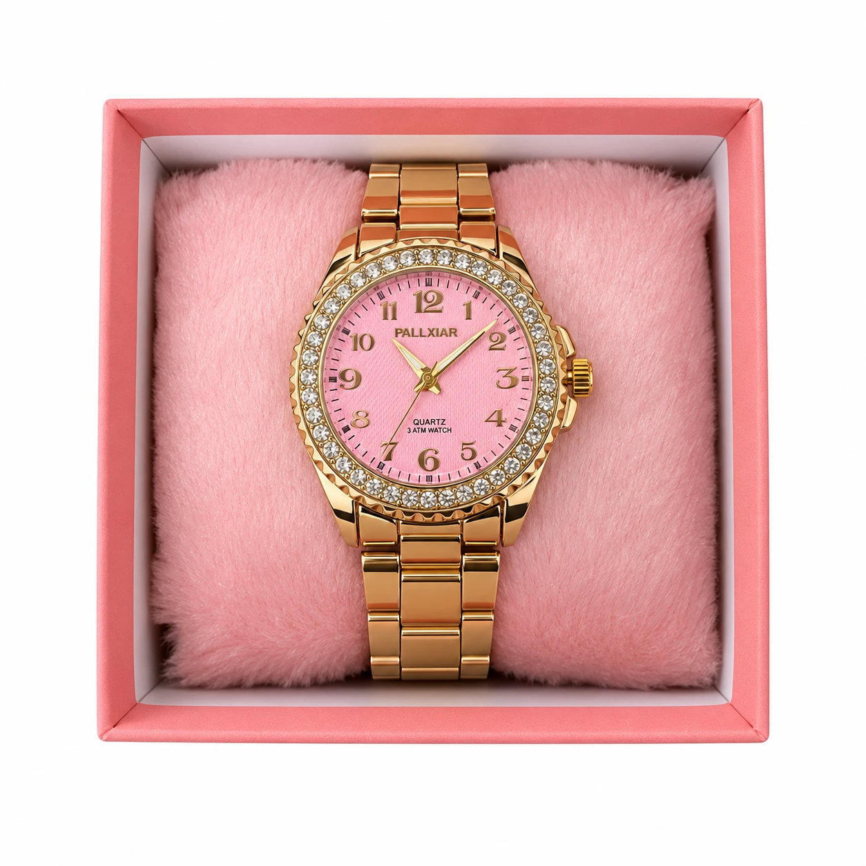 Relógio dourado com mostrador rosa na caixa
